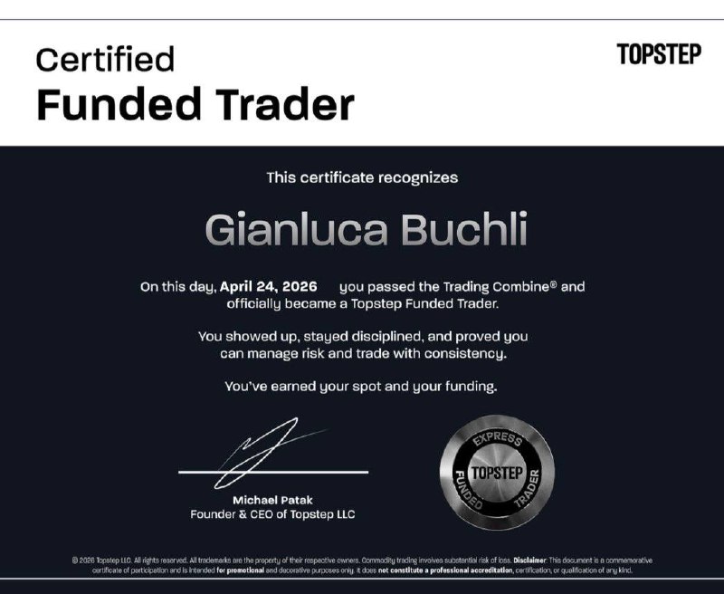 Topstep Certified Funded Trader — Gianluca Buchli, April 2026